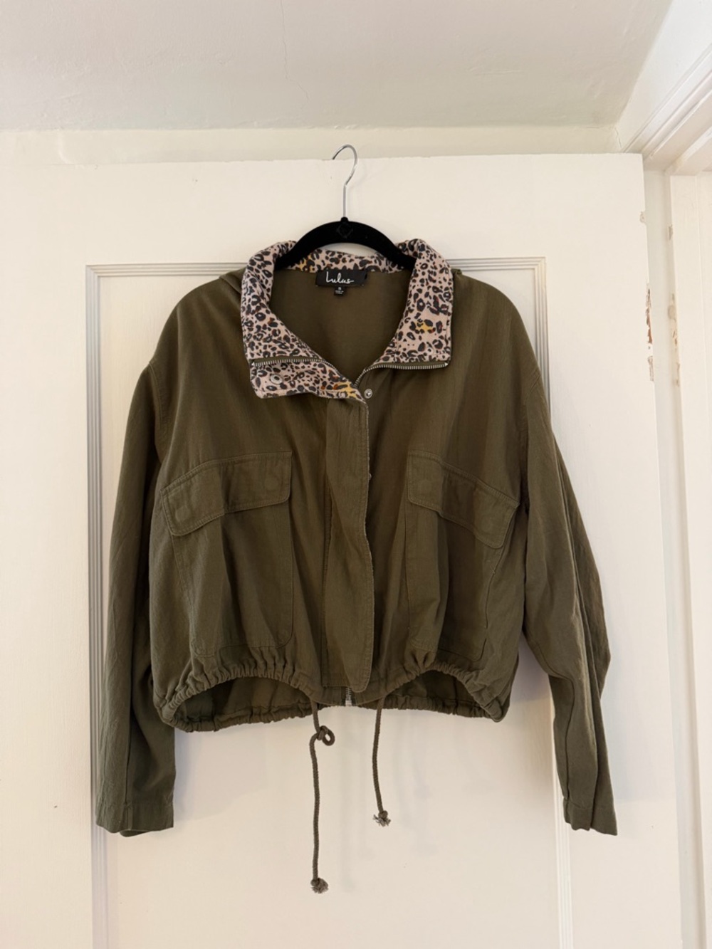 Lulu's Olive Utility Jacket with Leopard-Print Collar